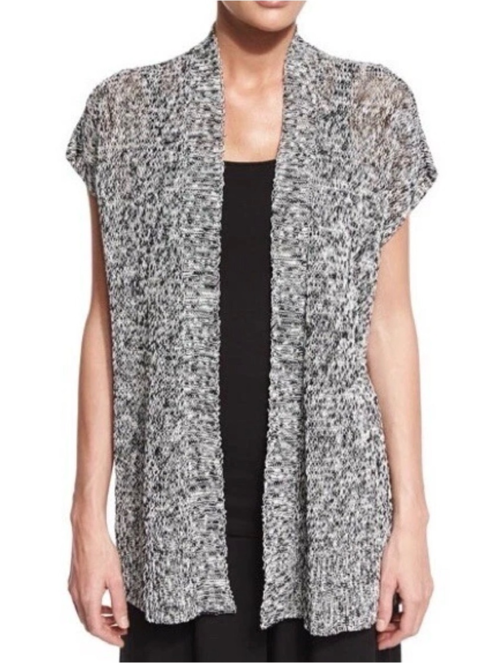 Eileen Fisher Organic Linen Cotton Open Knit Long Cardigan Vest S Black White